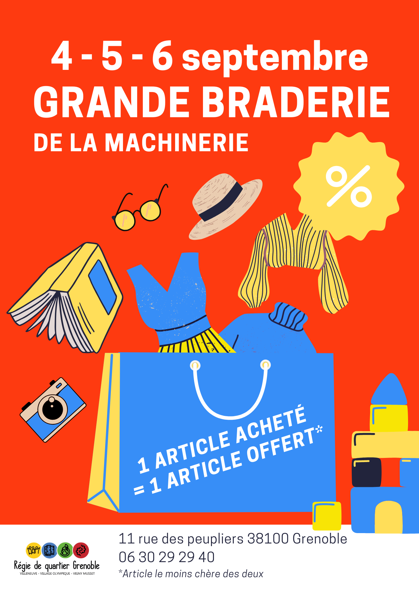 Flyer braderie soldes promotions vetements moderne illustratif joyeux colore orange bleu jaune