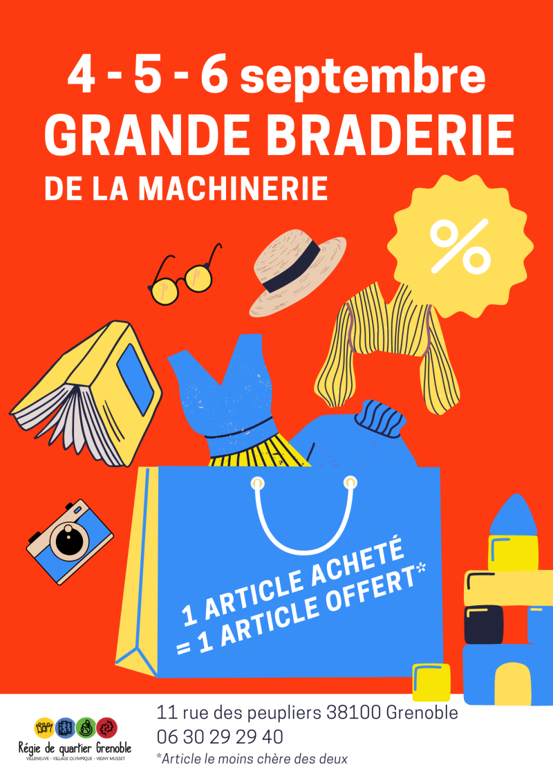 Flyer braderie soldes promotions vetements moderne illustratif joyeux colore orange bleu jaune